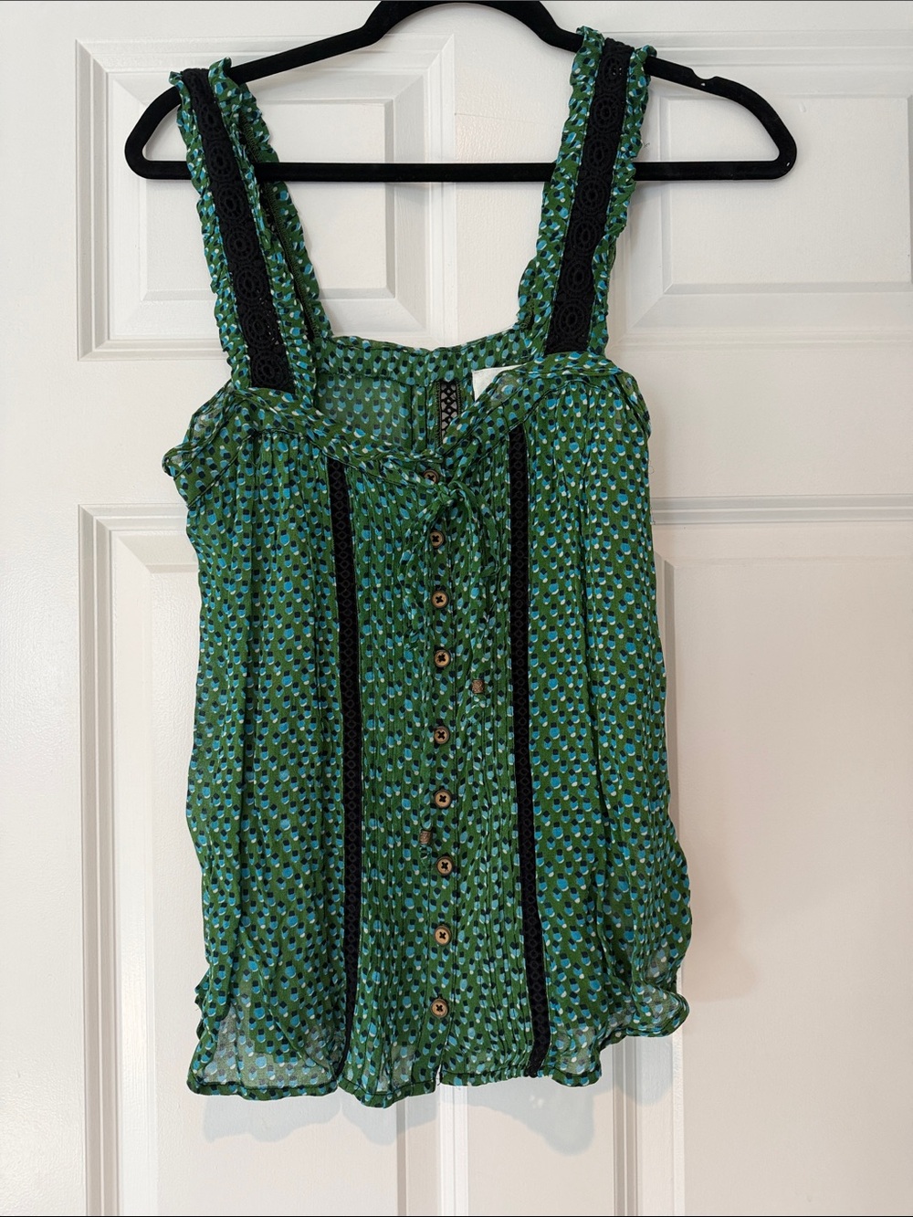 Anthropologie Green Printed Button-Front Camisole with Black Trim